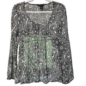 Anxiety Top Black White Floral Boho Chic Whimsigoth Artsy Ruched SZ Med Metallic